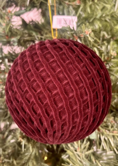 5 Inch Burgundy Flocked Ball Ornament