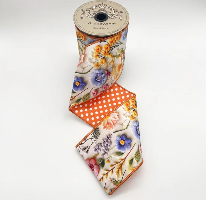 D. Stevens 4 Inch By 10 Yard Orange Pink And Blue Poplin Mix Flower Collage With Polka Dot Backing Ribbon