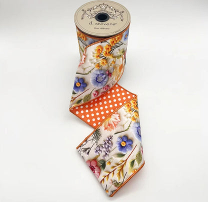 D. Stevens 4 Inch By 10 Yard Orange Pink And Blue Poplin Mix Flower Collage With Polka Dot Backing Ribbon
