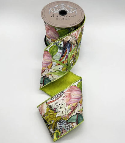 D. Stevens 4 Inch By 10 Yard Pink Aqua And Blue Spring Floral Butterfly And Bird With Lime Backing Ribbon