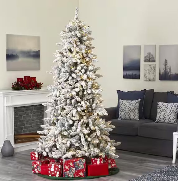 Nearly Natural 7.5 ft. Pre-Lit Flocked Livingston Fir Artificial Christmas Tree With Pine Cones Open Box