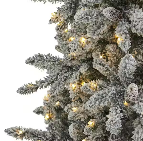 Nearly Natural 7.5 ft. Pre-Lit Flocked Livingston Fir Artificial Christmas Tree With Pine Cones Open Box