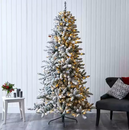 Nearly Natural 7.5 ft. Pre-Lit Flocked Livingston Fir Artificial Christmas Tree With Pine Cones Open Box