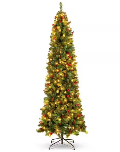 Best Choice Products 12 ft. Pre-Lit Pencil Artificial Christmas Tree With Pine Cones And Berries Open Box