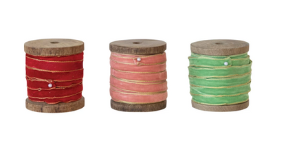 10 Yard Velvet Ribbon On Wooden Spool Three Colors