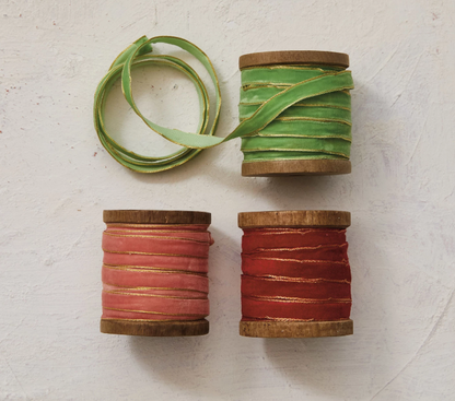 10 Yard Velvet Ribbon On Wooden Spool Three Colors