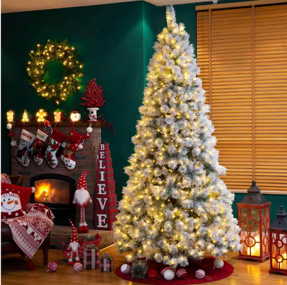 Glitzhome 9 ft. Pre-Lit Snow Flocked Artificial Spruce Christmas Tree with 900 Warm White Lights Open Box