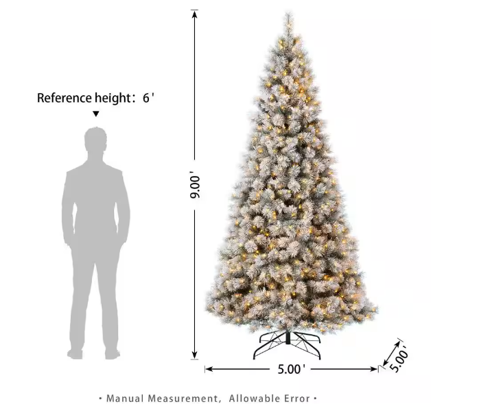 Glitzhome 9 ft. Pre-Lit Snow Flocked Artificial Spruce Christmas Tree with 900 Warm White Lights Open Box