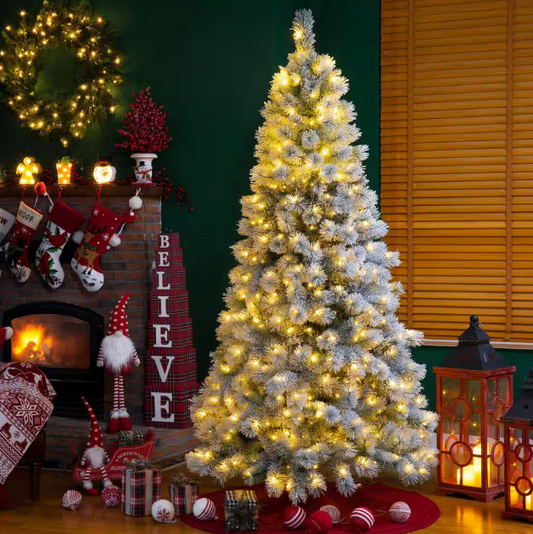 Glitzhome 7.5 ft. Pre-Lit Snow Flocked Artificial Spruce Christmas Tree with 650 Warm White Lights Open Box