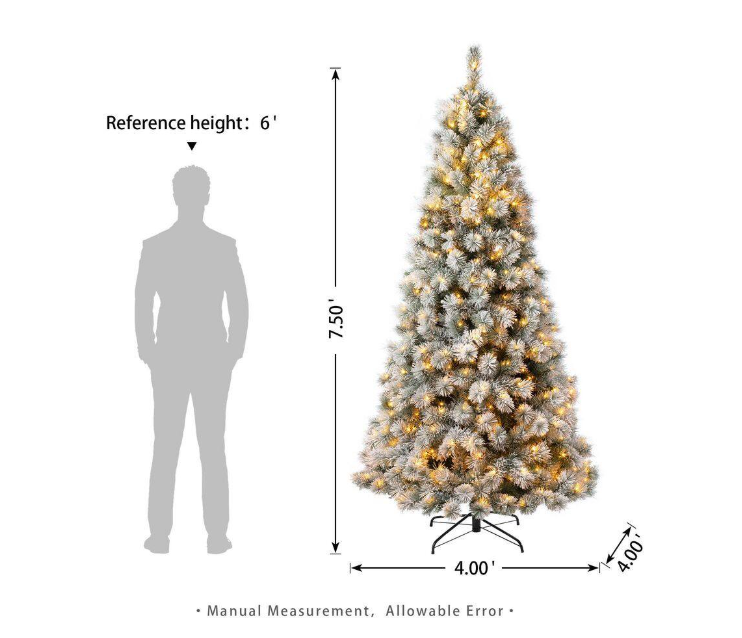 Glitzhome 7.5 ft. Pre-Lit Snow Flocked Artificial Spruce Christmas Tree with 650 Warm White Lights Open Box