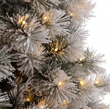 Glitzhome 7.5 ft. Pre-Lit Snow Flocked Artificial Spruce Christmas Tree with 650 Warm White Lights Open Box