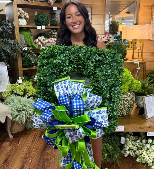 Sophie Blue Chinoserie And Green Premade Bow