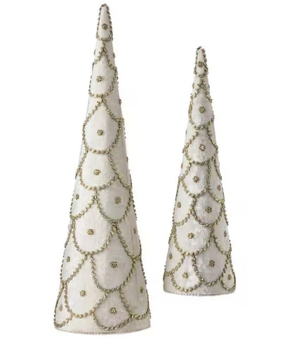 Set Of Two 18 And 24 Inch Ivory Jeweled Scalloped Velvet Cone Tree