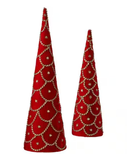 Set Of Two 18 And 24 Inch Red Jeweled Scalloped Velvet Cone Tree
