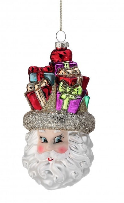 6 Inch Retro Glass Santa Head With Presents Ornament