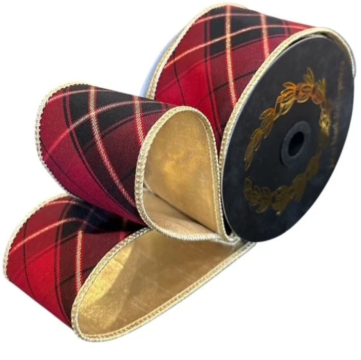 John Mark 2.5 Inch By 10 Yard Burgundy Plaid Fused Metallic Gold Backing Ribbon