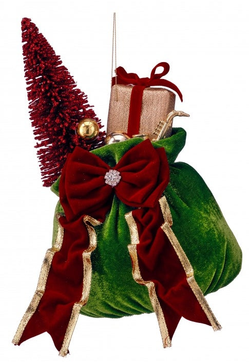 10 Inch Red Green Velvet Sack With Gift Tree Ornament