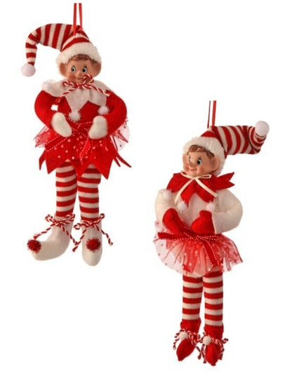 9 Inch Red And White Velvet Bendable Peppermint Elf Ornament Two Styles