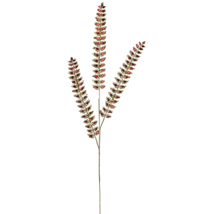 34.5 Inch Red Glittered Rhinestone Artificial Mini Leaf Spray