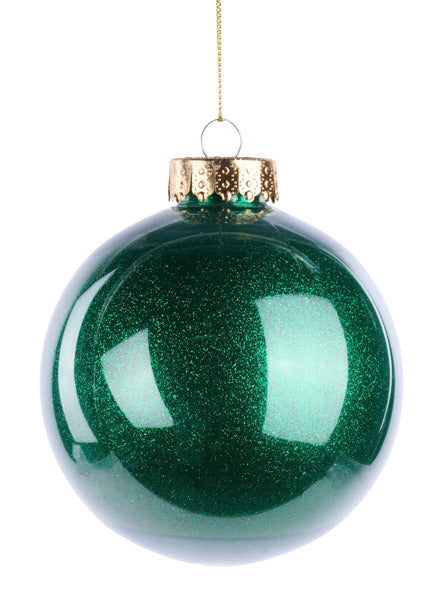 4 Inch Emerald Green Lacquer Look Glitter Ball Ornament