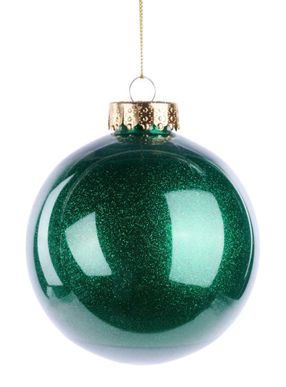 4 Inch Emerald Green Lacquer Look Glitter Ball Ornament