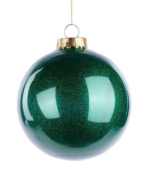 6 Inch Emerald Green Lacquer Look Glitter Ball Ornament