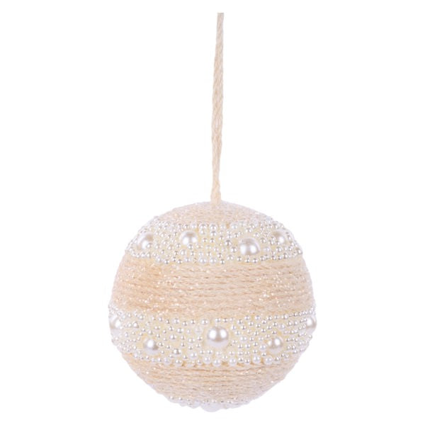 4.25 Inch Cream Glitter Pearl Beaded Ornament Ball