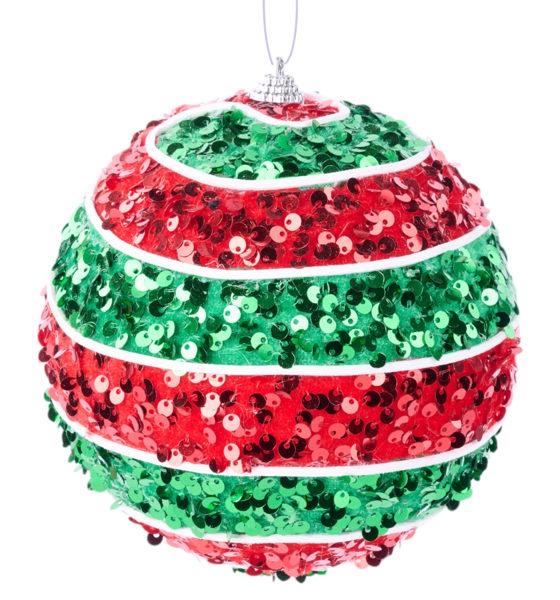 5.5 Inch Red And Emerald Green Sequin Striped Ornament Ball