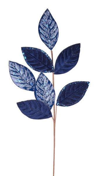 27 Inch Navy Blue Velvet And Glitter Magnolia Leaf Spray