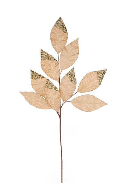 31.5 Inch Gold Pressed Velvet Glitter Leaf Spray With Pearls