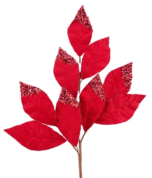 31.5 Inch Red Pressed Velvet Glitter Leaf Spray With Pearls