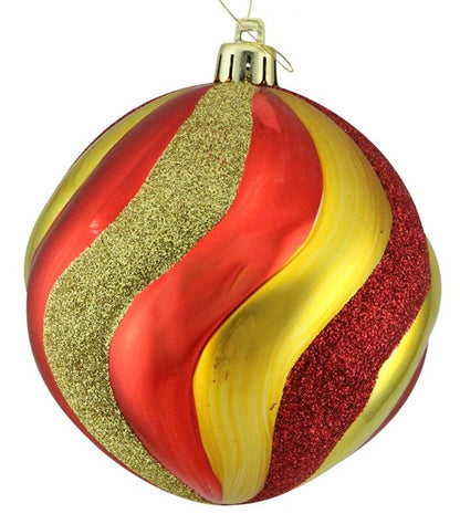 4 Inch Red And Gold Swirl Stripe Ornament Ball