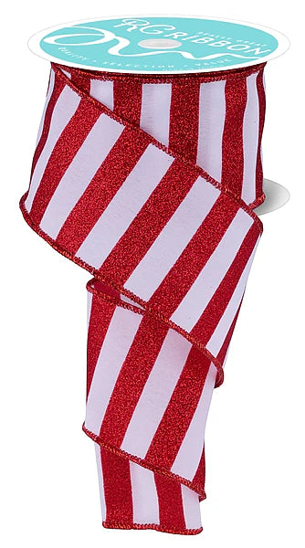 2.5 Inch By 10 Yard Red And White Horizontal Glitter Stripe Ribbon