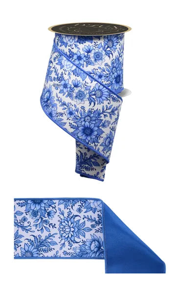 4 Inch By 10 Yard Blue And White Chinoiserie Floral Fused Ribbon