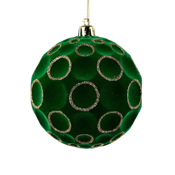 4 Inch Emerald Green And Gold Flocked Glitter Concave Ball Ornament
