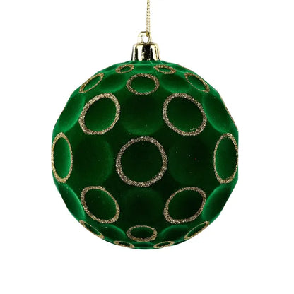 4 Inch Emerald Green And Gold Flocked Glitter Concave Ball Ornament