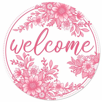 12 Inch Pink And White Metal Chinoiserie Welcome Sign