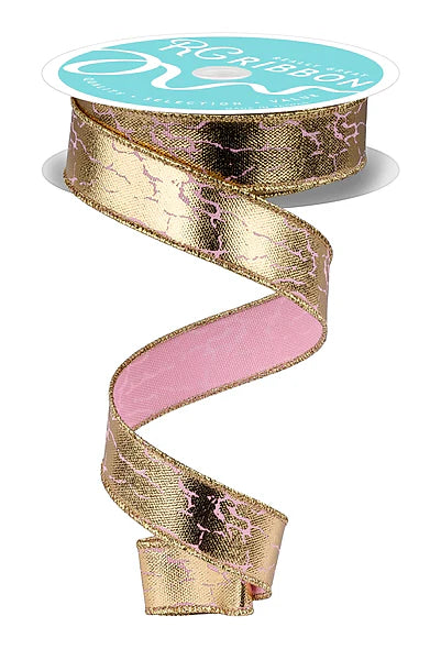 7/8 Inch By 10 Yard Rose Pink And Gold Cracked Foil Ribbon