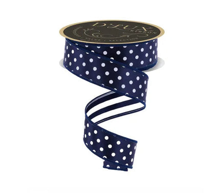 1.5 Inch By 10 Yards Navy Blue And White Polka Dot With Stripe Backing Fused Ribbon