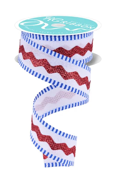 1.5 Inch By 10 Yard Red White And Blue Royal Burlap Ric Rac And Stripe Ribbon