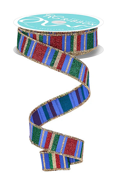 7/8 Inch By 10 Yard Royal Blue Red And Emerald Horizontal Stripe Ribbon