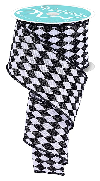 2.5 Inch By 10 Yard Black And White Glitter Harlequin Ribbon