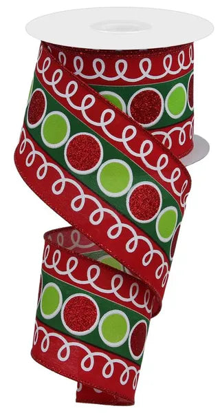 2.5 Inch By 10 Yard Red Lime And Emerald Stripe With Glitter Circles And Loops Ribbon