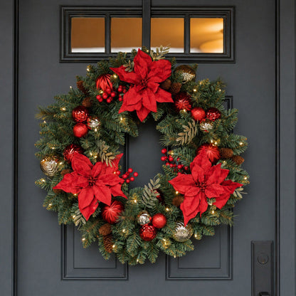 Costco 30 Inch Pre-Lit Flocked Poinsettia Wreath