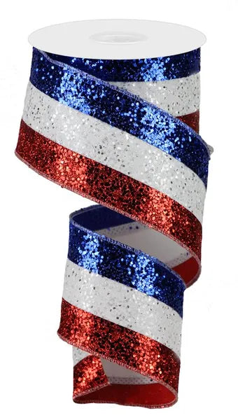 2.5 Inch By 10 Yard Red White And Royal Blue Large Glitter Ribbon