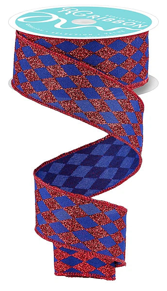 1.5 Inch By 10 Yards Royal Blue And Red Glitter Harlequin Ribbon