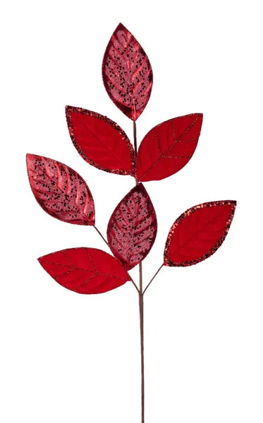 27 Inch Red Velvet Glitter Magnolia Leaf Spray