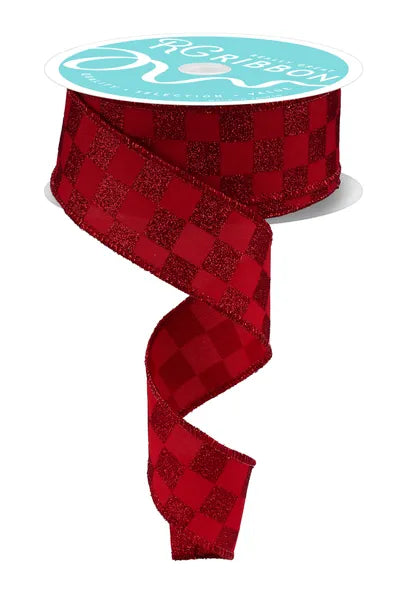 1.5 Inch By 10 Yard Red Glitter Check Ribbon
