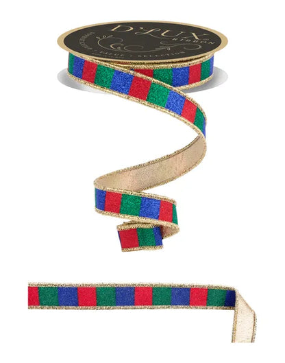 7/8 Inch By 10 Yard Red Emerald And Royal Blue Glitter Striped Fused Ribbon