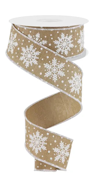 1.5 Inch By 10 Yard Tan And White Snowflake Ribbon